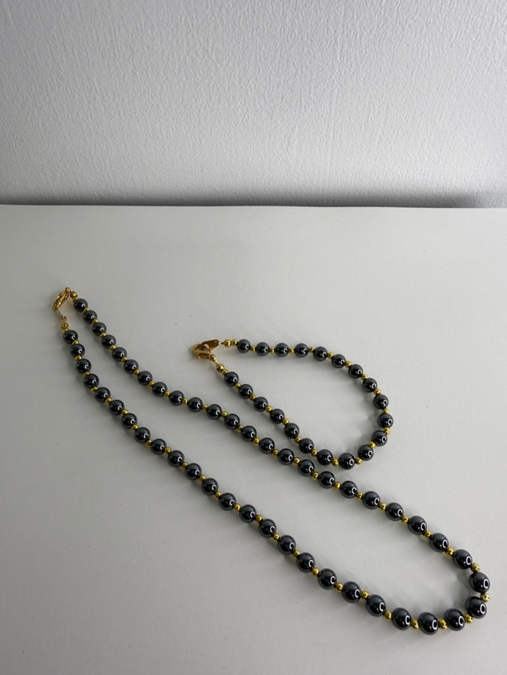 Gold and Hematite Beaded Necklace and Bracelet Set